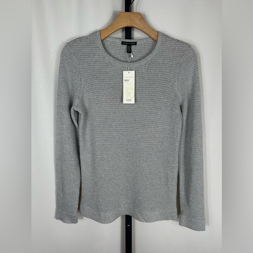 NWT Eileen Fisher Light Gray Metallic Crew Neck Knit Sweater Small